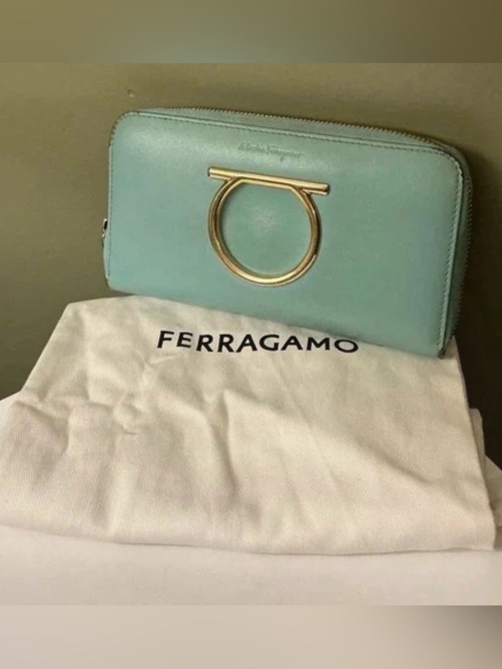 Salvatore Ferragamo Robins Egg Blue Leather Zip Around Wallet Gold Gancini